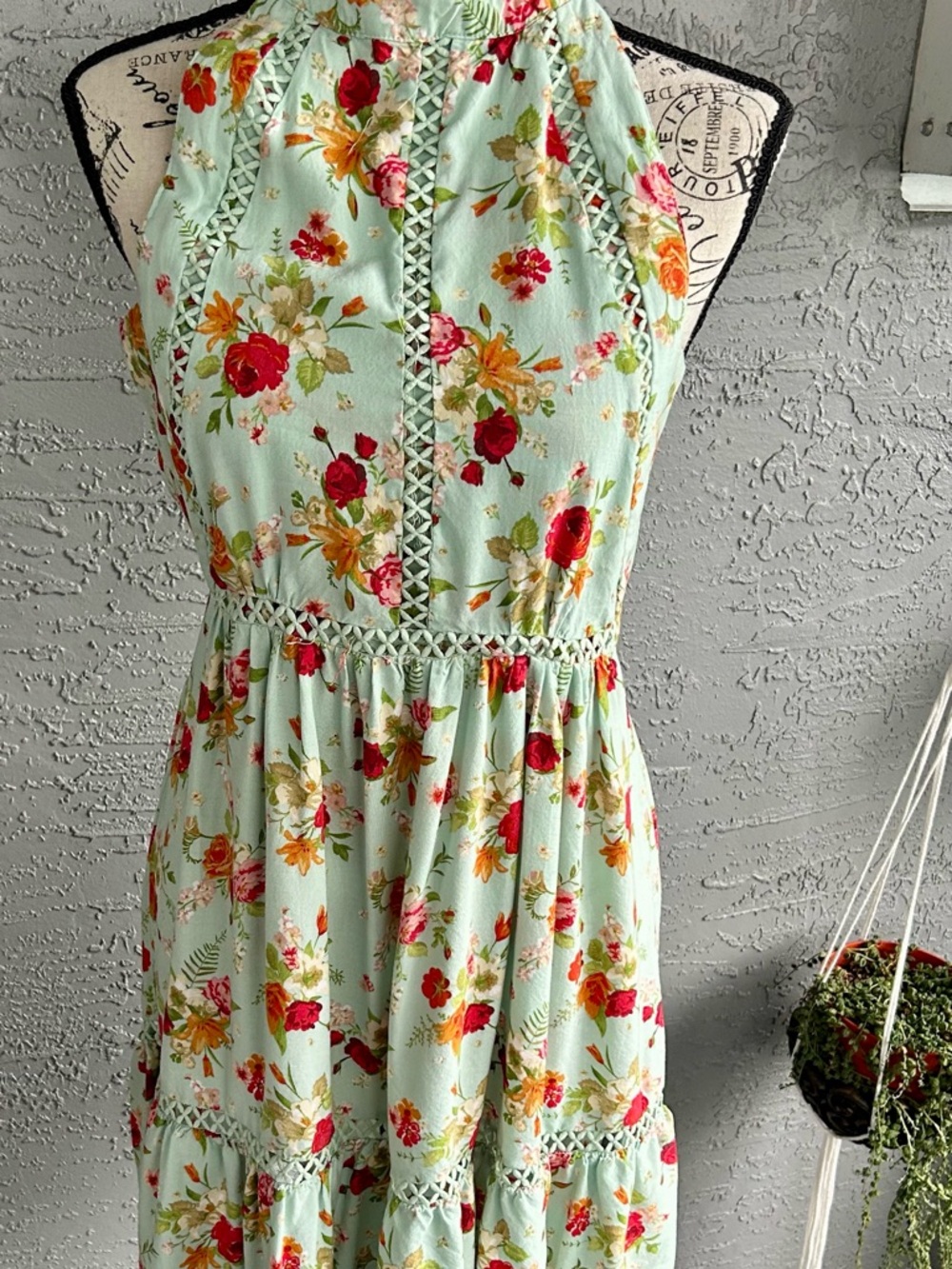 Fairy Mint Green Floral Halter Midi Dress with Braided Trim